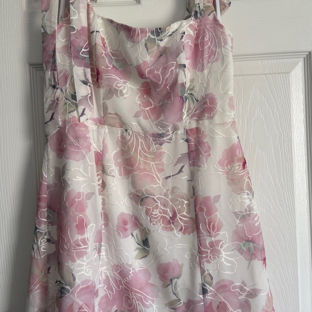 NWOT Lulu’s No One Prettier Pink & Ivory Floral Embroidered Tie-Strap Mini Dress